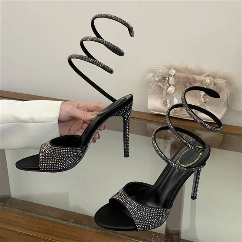 Aneikeh Street Style Sexy Black Rhinestone Wrap Around Heels Open Toe Stiletto High Heel Sandals Party Crystal Shoes