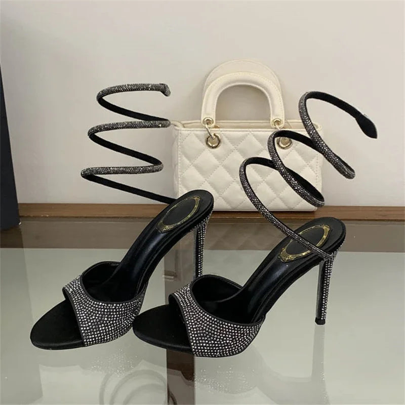 Aneikeh Street Style Sexy Black Rhinestone Wrap Around Heels Open Toe Stiletto High Heel Sandals Party Crystal Shoes