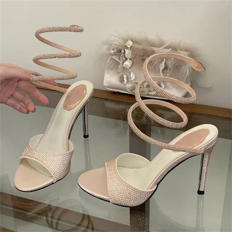 Aneikeh Street Style Sexy Black Rhinestone Wrap Around Heels Open Toe Stiletto High Heel Sandals Party Crystal Shoes