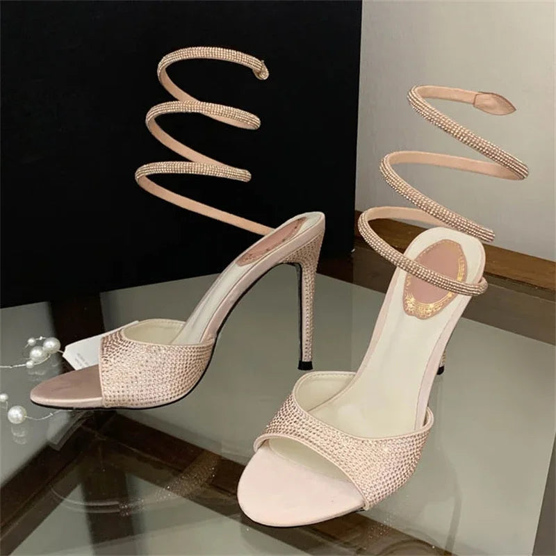 Aneikeh Street Style Sexy Black Rhinestone Wrap Around Heels Open Toe Stiletto High Heel Sandals Party Crystal Shoes