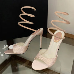 Aneikeh Street Style Sexy Black Rhinestone Wrap Around Heels Open Toe Stiletto High Heel Sandals Party Crystal Shoes