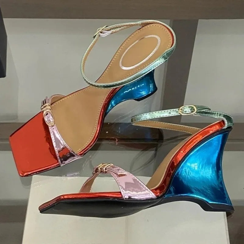 Aneikeh Color Block Wedge Sandals Slippers Square Open Toe Slingback Ankle Strap Buckle Party Shoes Wedges Heel Mules