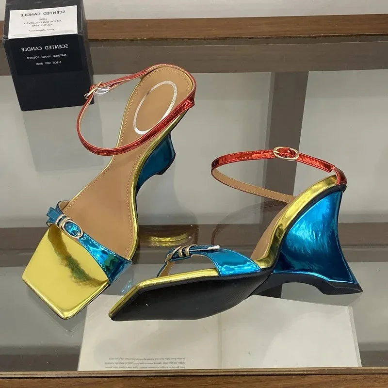 Aneikeh Color Block Wedge Sandals Slippers Square Open Toe Slingback Ankle Strap Buckle Party Shoes Wedges Heel Mules