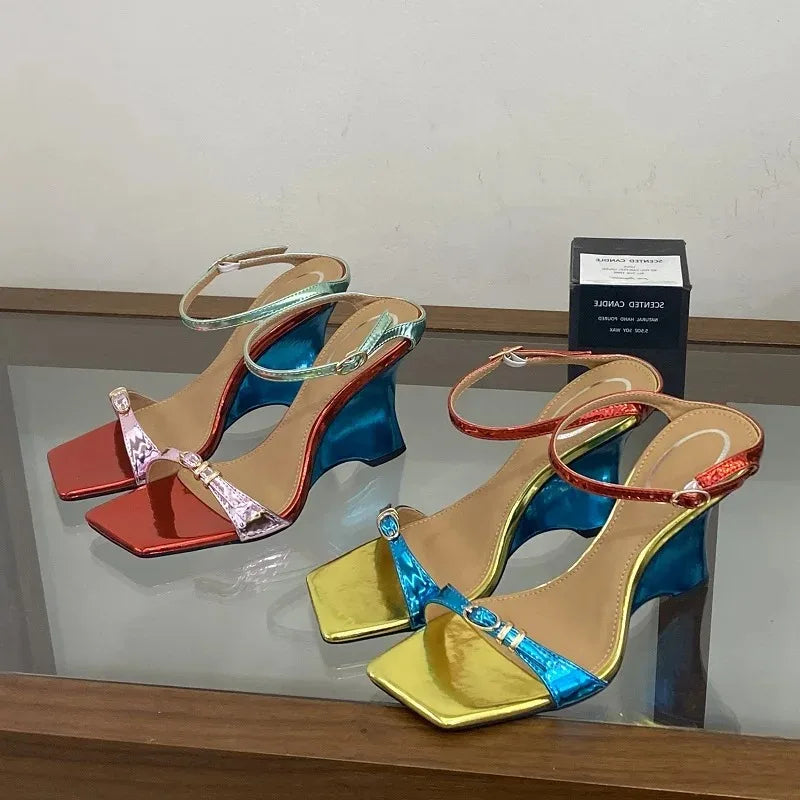 Aneikeh Color Block Wedge Sandals Slippers Square Open Toe Slingback Ankle Strap Buckle Party Shoes Wedges Heel Mules