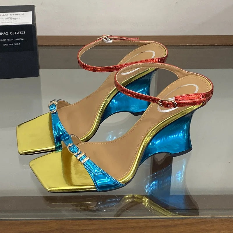 Aneikeh Color Block Wedge Sandals Slippers Square Open Toe Slingback Ankle Strap Buckle Party Shoes Wedges Heel Mules