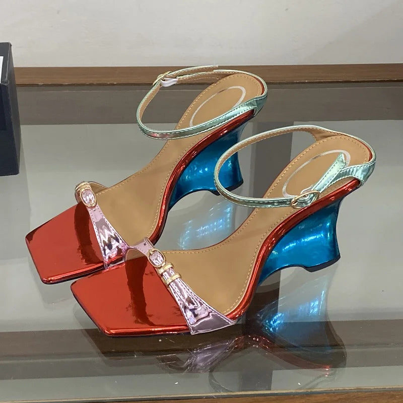 Aneikeh Color Block Wedge Sandals Slippers Square Open Toe Slingback Ankle Strap Buckle Party Shoes Wedges Heel Mules