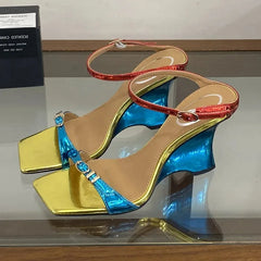Aneikeh Color Block Wedge Sandals Slippers Square Open Toe Slingback Ankle Strap Buckle Party Shoes Wedges Heel Mules