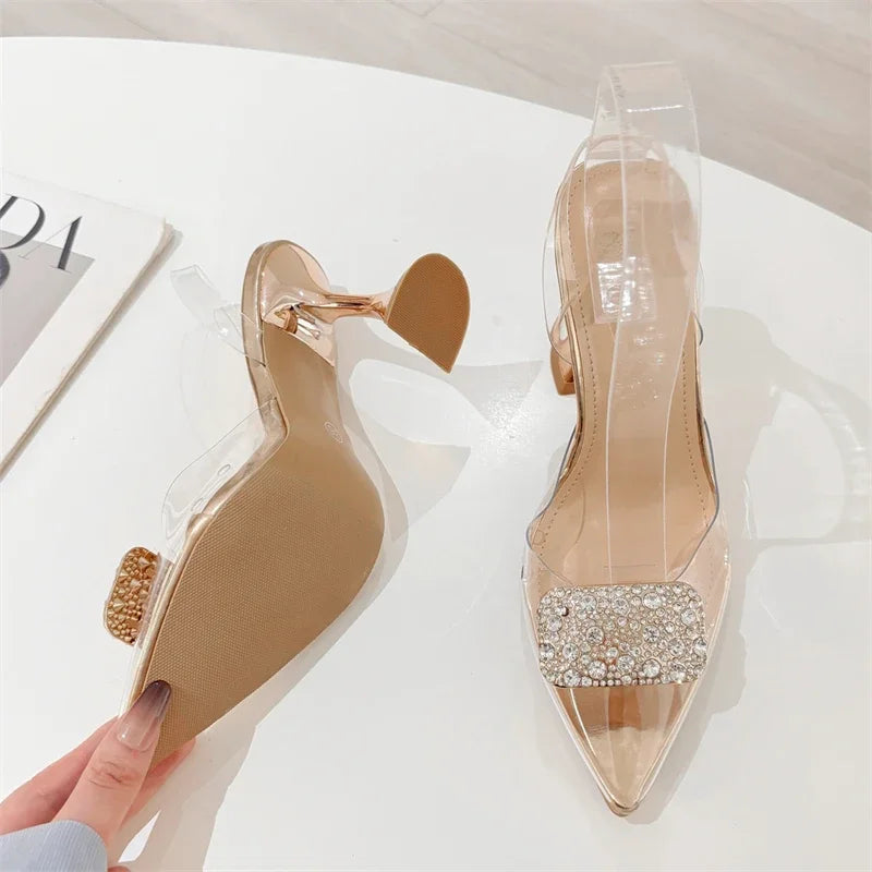 Aneikeh Denim Slingback Heels Transparent PVC Pointed Toe Crystal Rhinestone Buckle Sandals Party Pumps Shoes