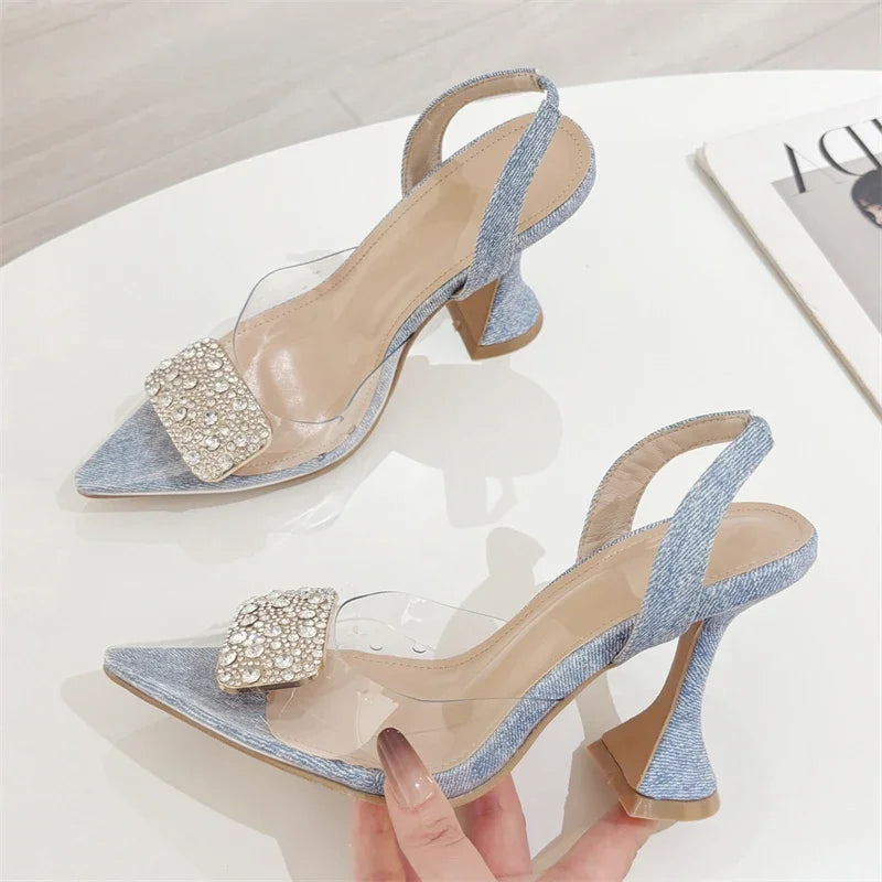 Aneikeh Denim Slingback Heels Transparent PVC Pointed Toe Crystal Rhinestone Buckle Sandals Party Pumps Shoes