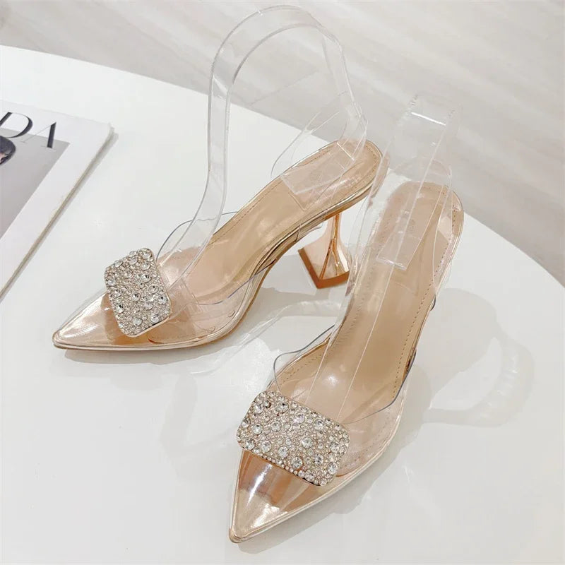 Aneikeh Denim Slingback Heels Transparent PVC Pointed Toe Crystal Rhinestone Buckle Sandals Party Pumps Shoes