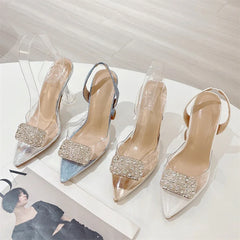 Aneikeh Denim Slingback Heels Transparent PVC Pointed Toe Crystal Rhinestone Buckle Sandals Party Pumps Shoes