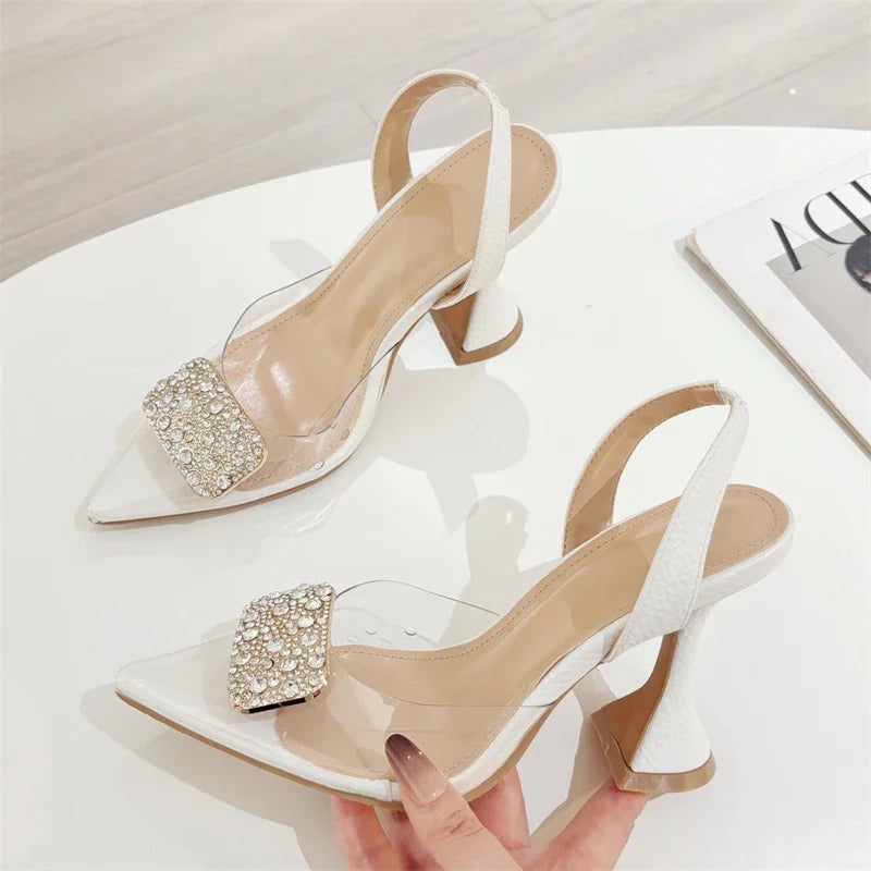 Aneikeh Denim Slingback Heels Transparent PVC Pointed Toe Crystal Rhinestone Buckle Sandals Party Pumps Shoes