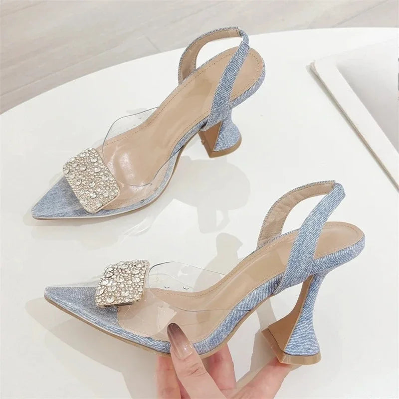 Aneikeh Denim Slingback Heels Transparent PVC Pointed Toe Crystal Rhinestone Buckle Sandals Party Pumps Shoes