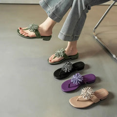 Aneikeh Elegant Square Low Heels Flip Flops Rhinestone Flower Clip Toe Slippers Daily Dress Casual  Shoes