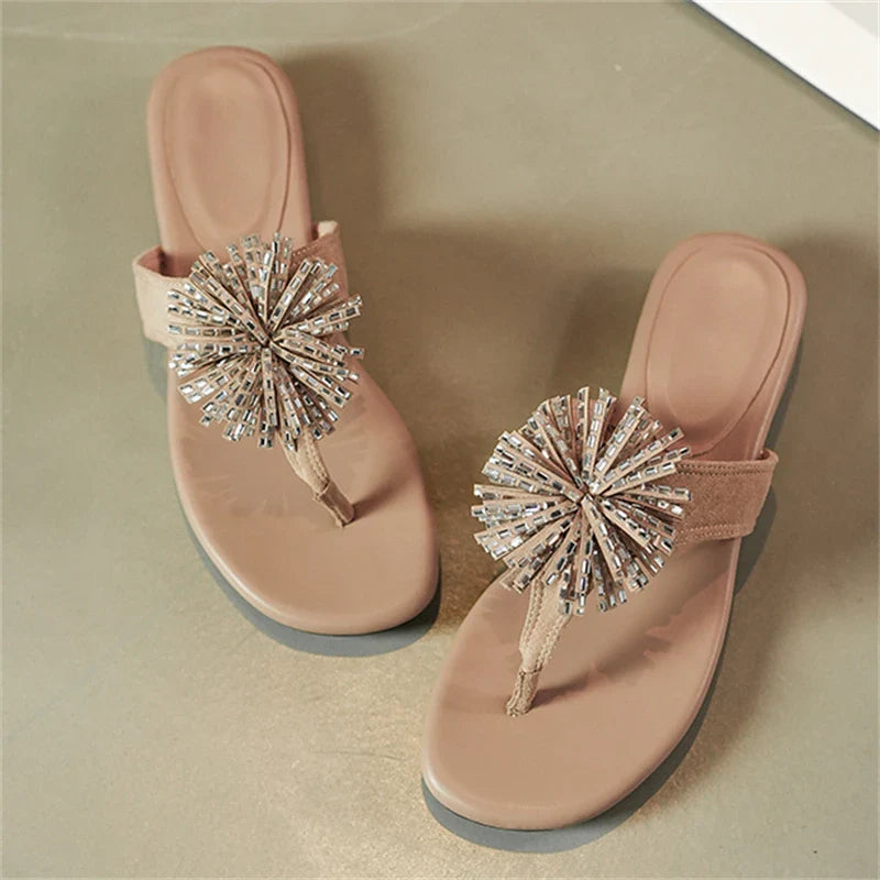 Aneikeh Elegant Square Low Heels Flip Flops Rhinestone Flower Clip Toe Slippers Daily Dress Casual  Shoes
