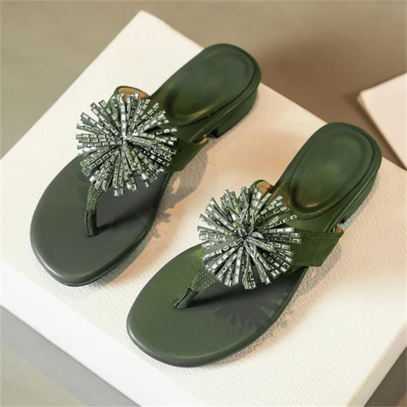 Aneikeh Elegant Square Low Heels Flip Flops Rhinestone Flower Clip Toe Slippers Daily Dress Casual  Shoes
