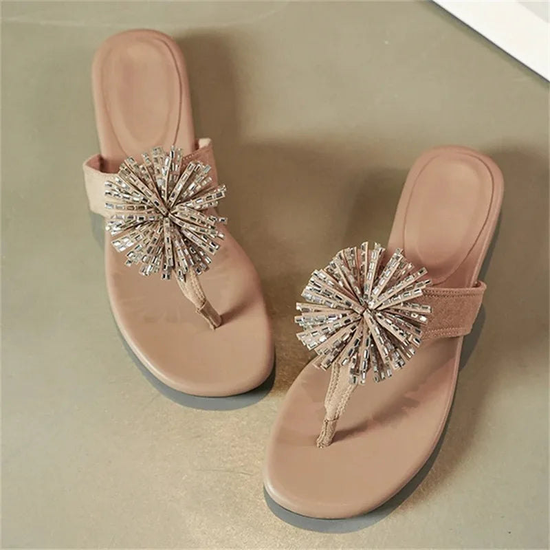 Aneikeh Elegant Square Low Heels Flip Flops Rhinestone Flower Clip Toe Slippers Daily Dress Casual  Shoes