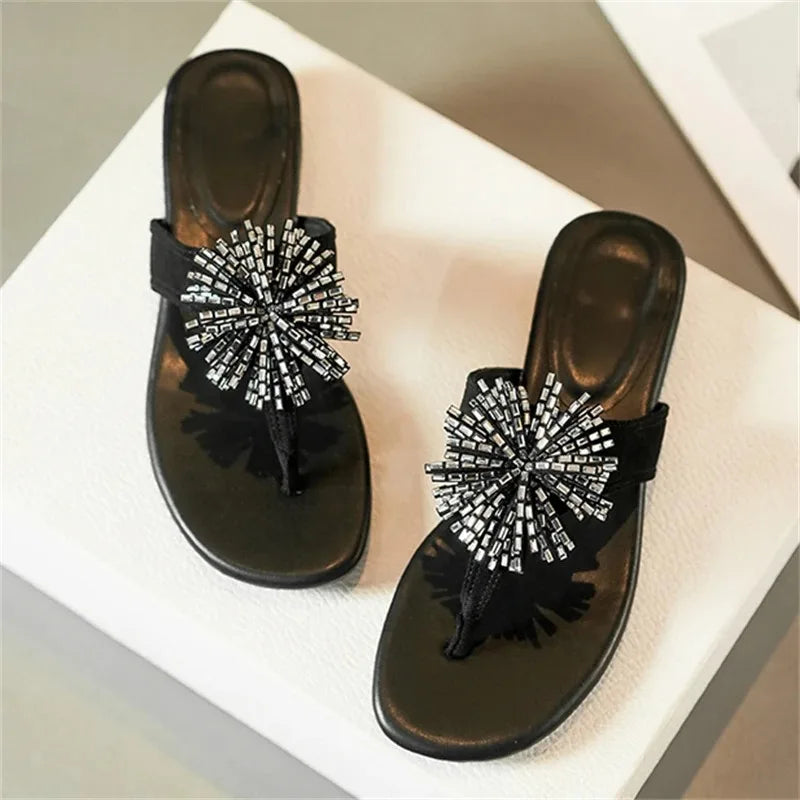Aneikeh Elegant Square Low Heels Flip Flops Rhinestone Flower Clip Toe Slippers Daily Dress Casual  Shoes
