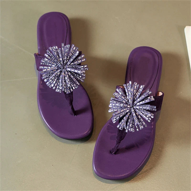 Aneikeh Elegant Square Low Heels Flip Flops Rhinestone Flower Clip Toe Slippers Daily Dress Casual  Shoes