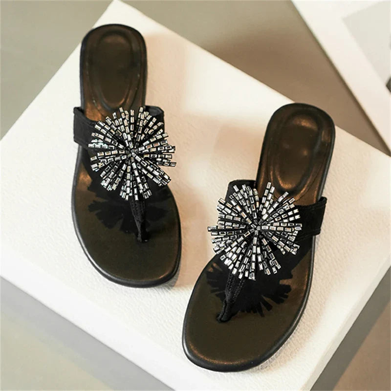 Aneikeh Elegant Square Low Heels Flip Flops Rhinestone Flower Clip Toe Slippers Daily Dress Casual  Shoes