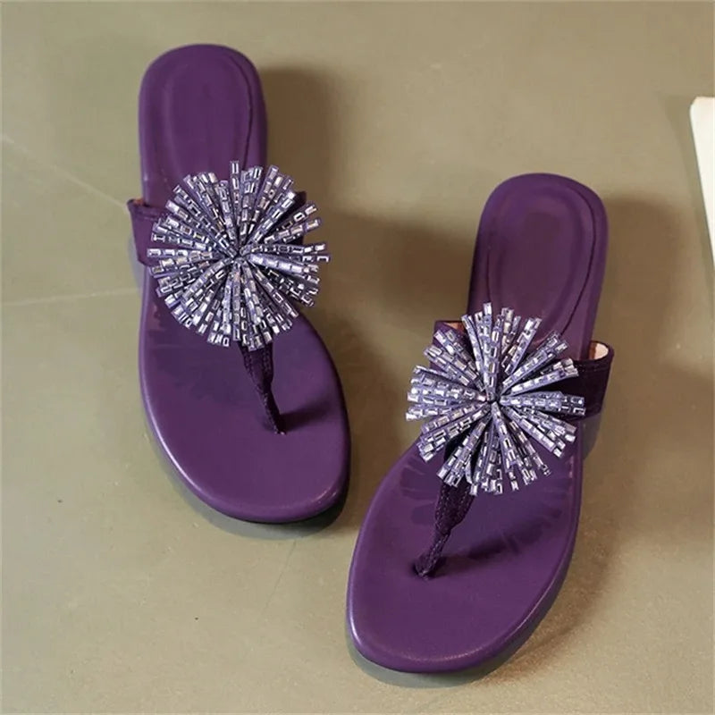 Aneikeh Elegant Square Low Heels Flip Flops Rhinestone Flower Clip Toe Slippers Daily Dress Casual  Shoes