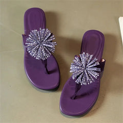 Aneikeh Elegant Square Low Heels Flip Flops Rhinestone Flower Clip Toe Slippers Daily Dress Casual  Shoes