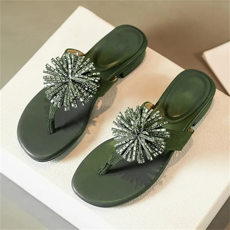 Aneikeh Elegant Square Low Heels Flip Flops Rhinestone Flower Clip Toe Slippers Daily Dress Casual  Shoes