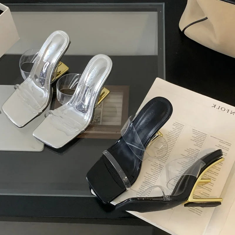 Aneikeh Golden Cross Transparent Straight Strap Sandals Exposed Toe Sexy High Heels Slippers Mules Shoes