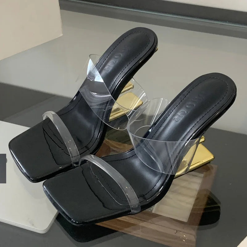 Aneikeh Golden Cross Transparent Straight Strap Sandals Exposed Toe Sexy High Heels Slippers Mules Shoes