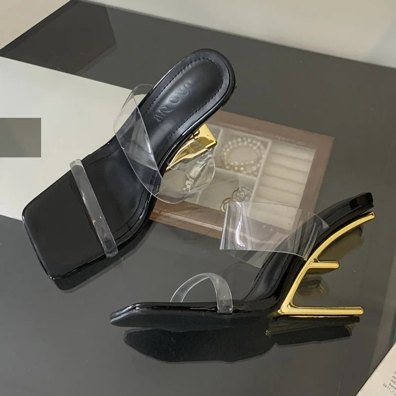 Aneikeh Golden Cross Transparent Straight Strap Sandals Exposed Toe Sexy High Heels Slippers Mules Shoes