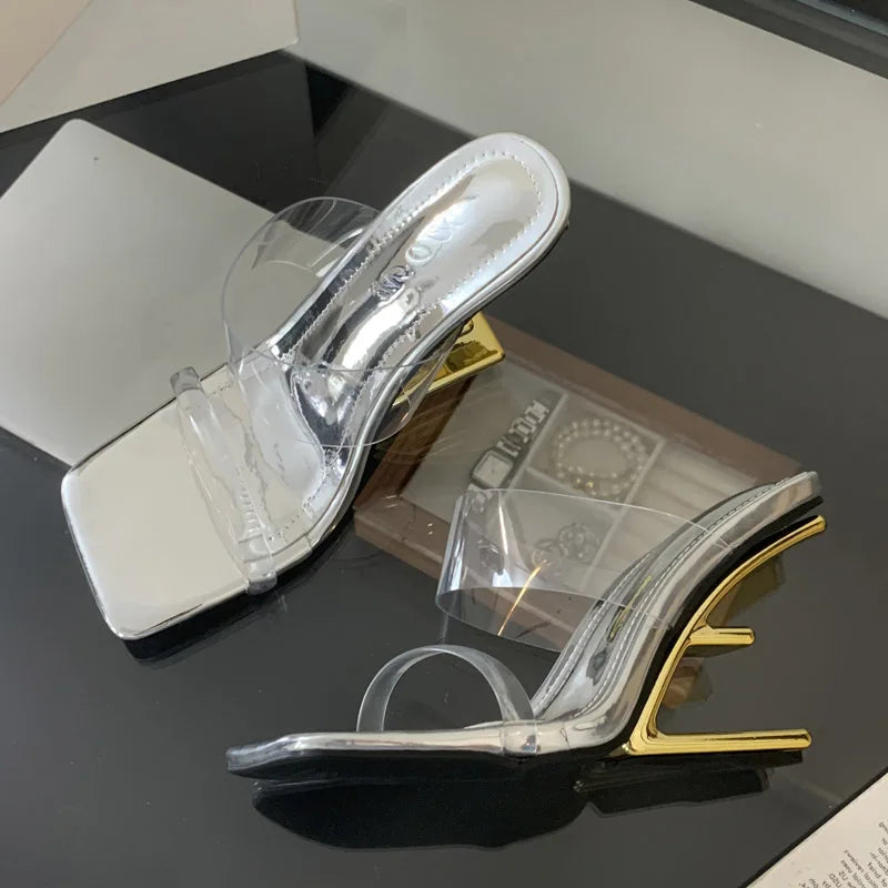 Aneikeh Golden Cross Transparent Straight Strap Sandals Exposed Toe Sexy High Heels Slippers Mules Shoes