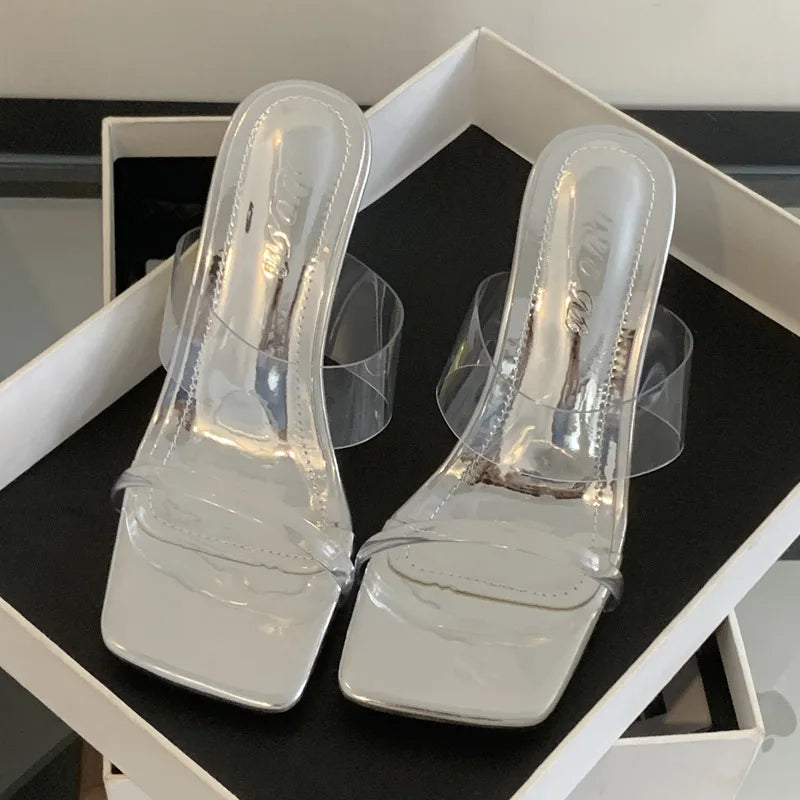 Aneikeh Golden Cross Transparent Straight Strap Sandals Exposed Toe Sexy High Heels Slippers Mules Shoes