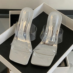 Aneikeh Golden Cross Transparent Straight Strap Sandals Exposed Toe Sexy High Heels Slippers Mules Shoes