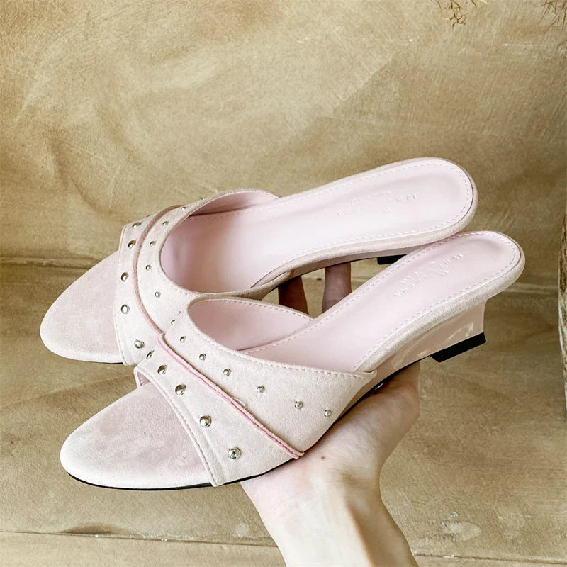 Aneikeh Metal Decoration Mules Sandals Pointed Toe Low Wedge Heel Slip on Slides