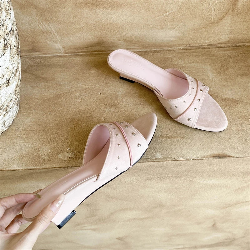 Aneikeh Metal Decoration Mules Sandals Pointed Toe Low Wedge Heel Slip on Slides