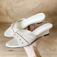 Aneikeh Metal Decoration Mules Sandals Pointed Toe Low Wedge Heel Slip on Slides