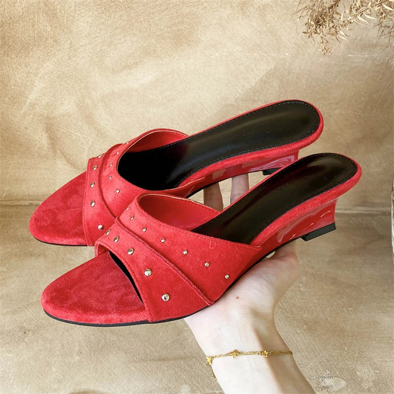 Aneikeh Metal Decoration Mules Sandals Pointed Toe Low Wedge Heel Slip on Slides