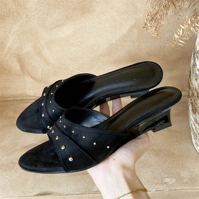 Aneikeh Metal Decoration Mules Sandals Pointed Toe Low Wedge Heel Slip on Slides