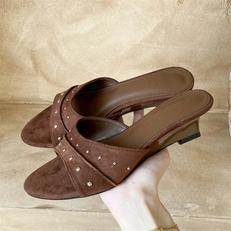 Aneikeh Metal Decoration Mules Sandals Pointed Toe Low Wedge Heel Slip on Slides