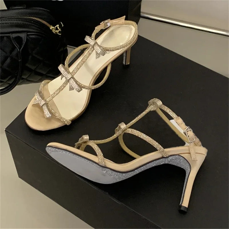 Aneikeh Peep Toe Buckle Strap Stiletto Sexy Butterfly-knot High Heels Gladiator Sandals  Party Dress Shoe