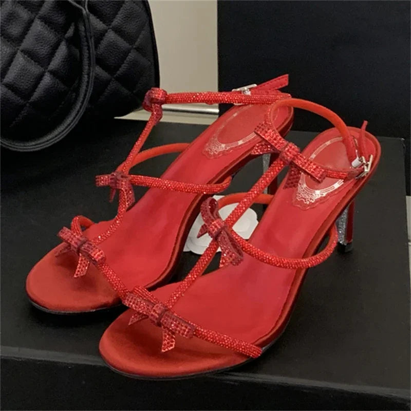 Aneikeh Peep Toe Buckle Strap Stiletto Sexy Butterfly-knot High Heels Gladiator Sandals  Party Dress Shoe