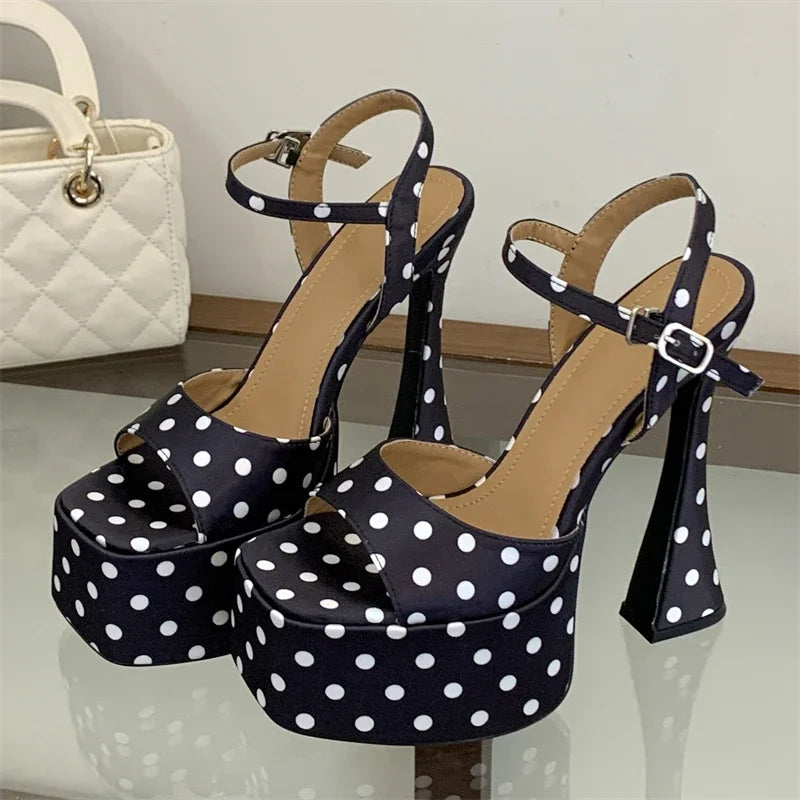 Aneikeh Polka Dot Platform Square Toe Buckle Strap Sandals High Heels Pumps Banquet Shoes