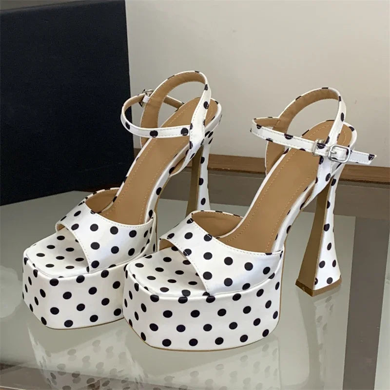 Aneikeh Polka Dot Platform Square Toe Buckle Strap Sandals High Heels Pumps Banquet Shoes
