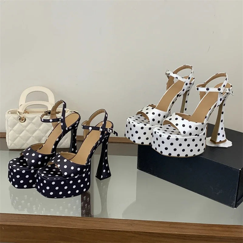 Aneikeh Polka Dot Platform Square Toe Buckle Strap Sandals High Heels Pumps Banquet Shoes