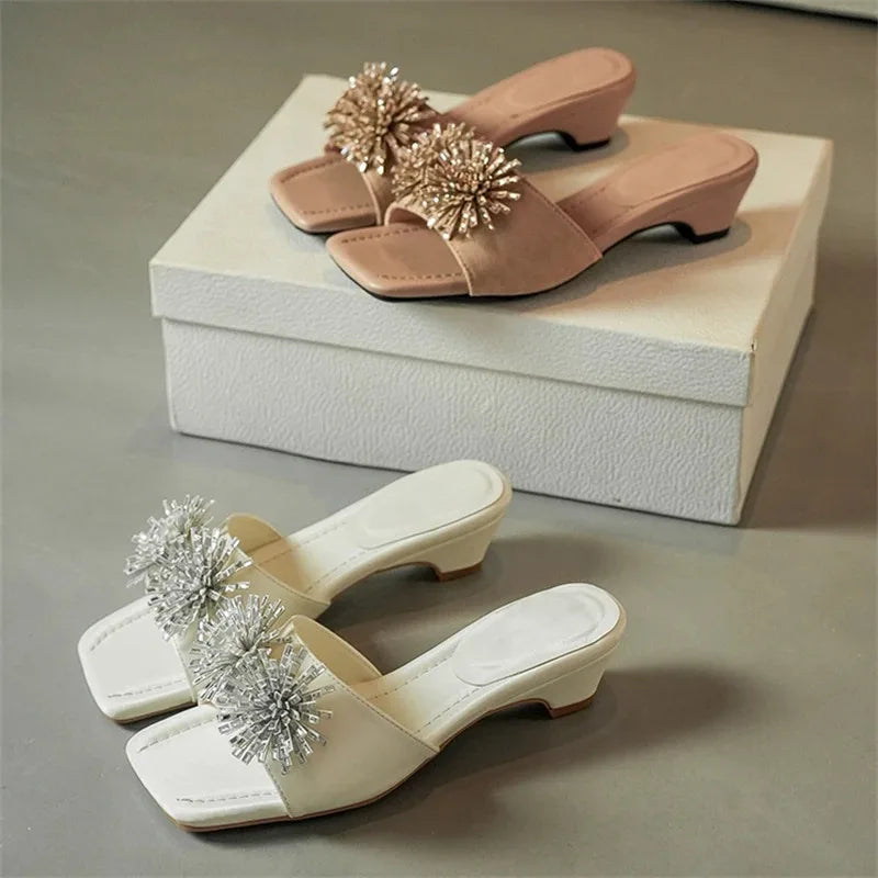 Aneikeh Rhinestone Flower Square Toe Comfortable White Low Block Heel Mules Slippers Party Dress Slide Shoe