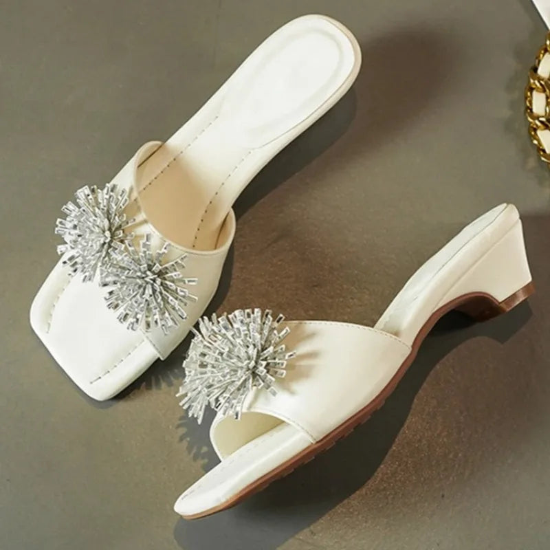 Aneikeh Rhinestone Flower Square Toe Comfortable White Low Block Heel Mules Slippers Party Dress Slide Shoe