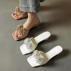 Aneikeh Rhinestone Flower Square Toe Comfortable White Low Block Heel Mules Slippers Party Dress Slide Shoe