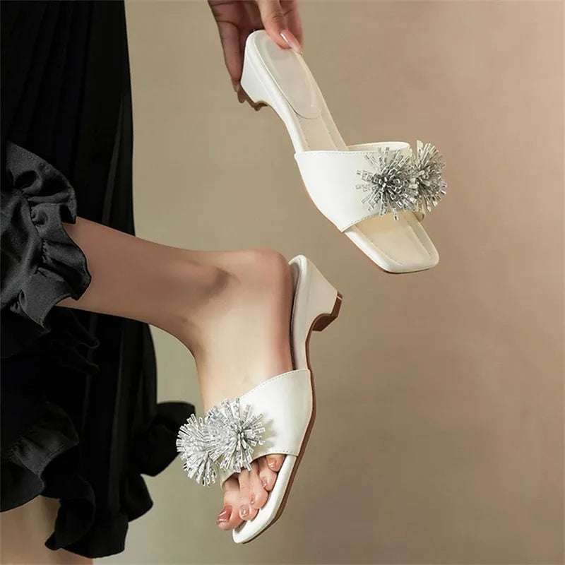Aneikeh Rhinestone Flower Square Toe Comfortable White Low Block Heel Mules Slippers Party Dress Slide Shoe