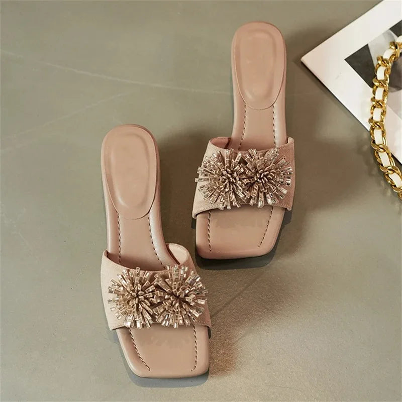 Aneikeh Rhinestone Flower Square Toe Comfortable White Low Block Heel Mules Slippers Party Dress Slide Shoe