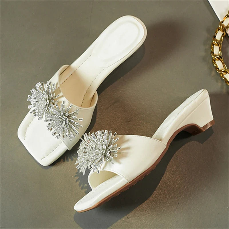 Aneikeh Rhinestone Flower Square Toe Comfortable White Low Block Heel Mules Slippers Party Dress Slide Shoe
